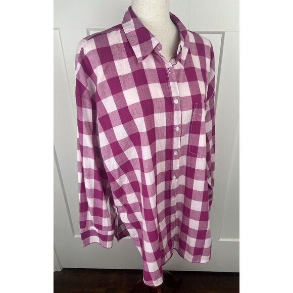 NWT Maeve Anthropologie Bennett Pink White Plaid Button Down Shirt XL Oversized - Picture 11 of 15